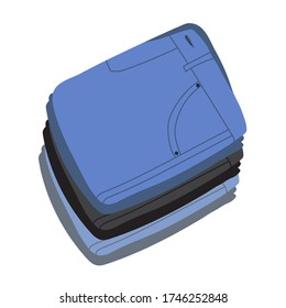 Colored jeans in flat style. Simple modern jeans neatly stacked in a pile. It can be used as icon or design element.