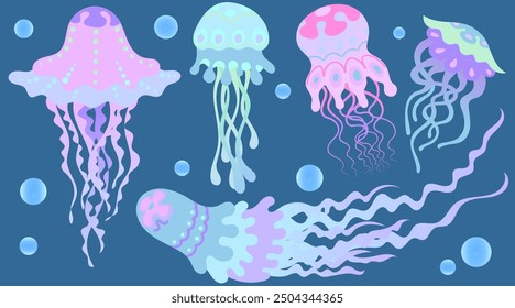 Colored jellyfish in the sea 5 options. Vector illustration