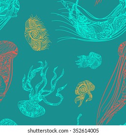 Colored jellyfish seamless pattern. Sea life background.