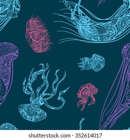 Colored jellyfish seamless pattern. Sea life background.