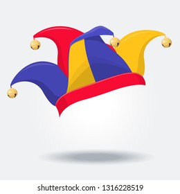  Colored jester hat with bells. April Fool's Day. Vector illustration on white background