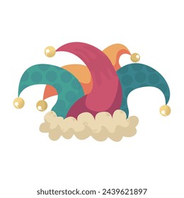 Colored jester hat with bells icon. April Fool's Day, theater. Vector illustration on white background