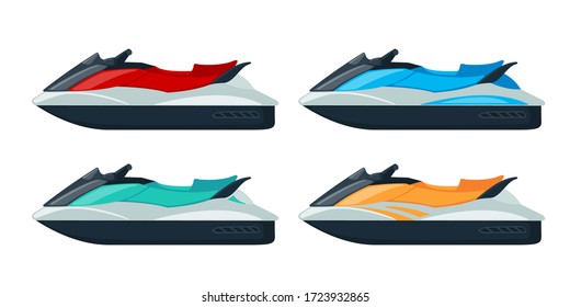 Colored Jet scooter icons set in flat style isolated on white background. Cartoon water bike. Vector illustration.