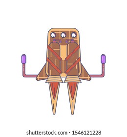 Colored jetpack drawn in flat style isolated on a white background with fire escaping from its pipes.
