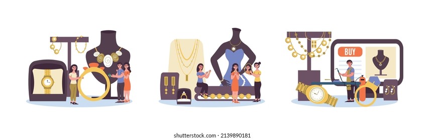 Colored jewelry store abstract composition icon set jewelry displays sellers and buyers in store vector illustration