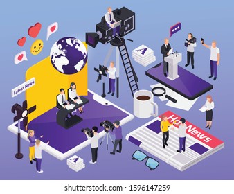 Colored Journalistis Reporters News Media Isometric Icon Set With Cup Of Coffee Camera Operator Producer And Journalists Vector Illustration