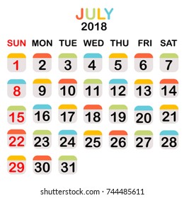Colored July 2018 calendar with week starts from Sunday