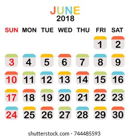 Colored June 2018 calendar with week starts from Sunday