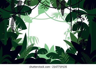 Colored jungle frame large leaves frame the scene as circle on white background vector illustration