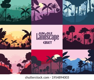 colored jungle landscapes 8 icon set