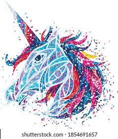 Colored kaleidoscopic unicorn with multi-colored mane on white background
