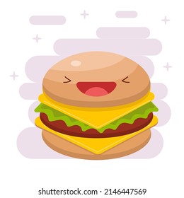 Colored kawaii burger icon. Smiling burger.Vector flat illustration. Icon, sticker.