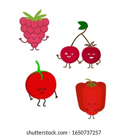 Colored kawaii fruits. Raspberry, tomato, pepper, cherry. Red fruits and vegetables. Funny hand drawn faces, smiling and shy. Vector illustration isolated on white.