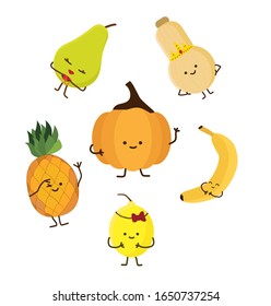 Frutas kawaii de colores. Frutas amarillas: pera, calabaza, manana, piña, limón. Caras graciosas dibujadas a mano, sonrientes y tímidas. Ilustración vectorial aislada en blanco.