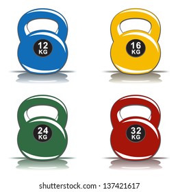 Colored kettle bells (girya) of various weights on white background (vector)