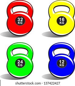 Colored kettle bells (girya) of various weights on white background (vector illustration)