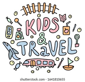 Colored Kid and Travel doodle. hand drawn thin line postcard about travelling with kids. Ship, train, candy, child food. isolated on white background. Concept children travelling. Vector illustration