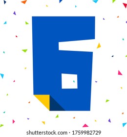 Colored kids Font, multi colored children alphabet, uppercase number six cut from paper with bent angle, vector illustration 10eps