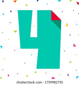 Colored kids Font, multi colored children alphabet, uppercase number four cut from paper with bent angle, vector illustration 10eps