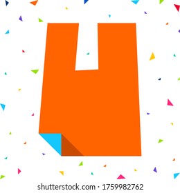 Colored kids Font, multi colored children alphabet, uppercase letter U cut from paper with bent angle, vector illustration 10eps