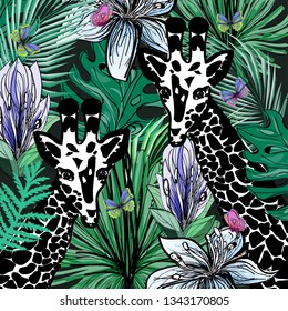 colored kids pattern with botanical plants, lily flowers, butterflies  monochrome giraffes on dark background, vector illustration