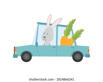Colored kids transport with cute little bunny, rabbit or hare. Animal driving car. Cartoon animal driver, pets vehicle and happy in funny car. Transportation animal character travel in car