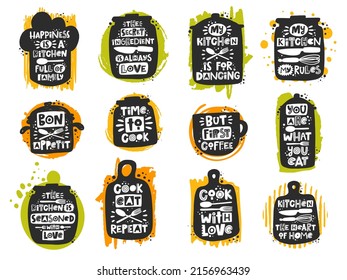 Colored kitchen hand written lettering set. Grunge poster, banner with stylized phrase and ink drops collection. Typography print isolated design element