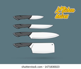 Colored kitchen knives on blue background in vector. Isolated.