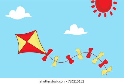 Colored kite flies on background of blue sky. Concept of freedom, ease of life, holiday, vacation time. Idyllic cartoon picture of warm summer day. Vector, flat style.