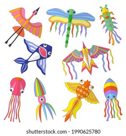 Farbige Drachen. Funny Fliegende Tiere Frühling und Sommer Outdoor-Attraktionen für Kinder neueste Vektorflache Illustrationen einzeln