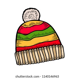 Colored knitted hat icon in cartoon style on a white background