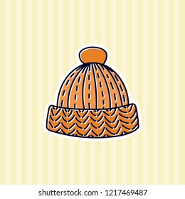 Colored knitted wool cap logo on simple background. Simple knit / crochet emblem design. Doodle hand draw art. Wool handmade shop logo for masters.
