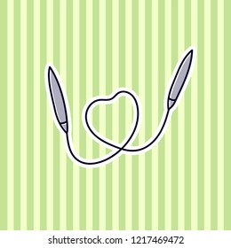 Colored knitting needles logo on simple background. Simple knit / crochet emblem design. Doodle hand draw art. Wool handmade shop logo for masters.