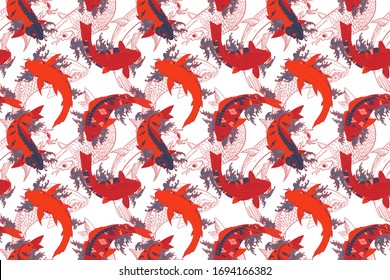 Colored koi carps bright seamless pattern on a white