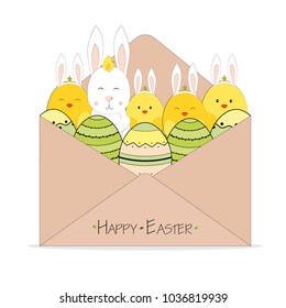 Colored kraft envelope with flowers, Easter eggs, little chicken,rabbit, bunny and text. 
Happy Easter greeting card.
Easter background. 
Hand drawn vector illustration