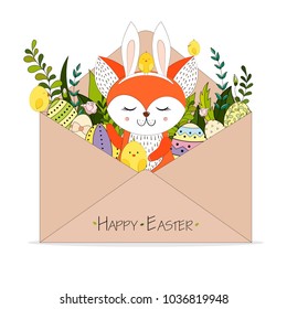 Colored kraft envelope with flowers, fox with rabbit ears, little chickens, Easter eggs and text.
Happy Easter greeting card.
Easter background. 
Hand drawn vector illustration