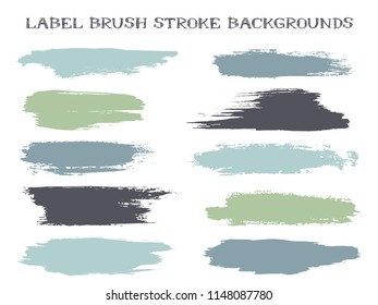 Colored label brush stroke backgrounds, paint or ink smudges vector for tags and stamps design. Painted label backgrounds patch. Vector ink color palette samples. Ink smudges, blue grey stains.