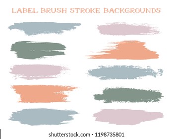 Colored label brush stroke backgrounds, paint or ink smudges vector for tags and stamps design. Painted label backgrounds patch. Interior paint color palette swatches. Ink smudges, stains, pale spots.