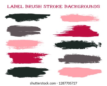 Colored label brush stroke backgrounds, paint or ink smudges vector for tags and stamps design. Painted label backgrounds patch. Interior colors scheme elements. Ink pink black grey red stains, spots.