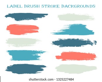 Colored label brush stroke backgrounds, paint or ink smudges vector for tags and stamps design. Painted label backgrounds patch. Vector ink color palette swatches. Ink dabs, blue red splashes.