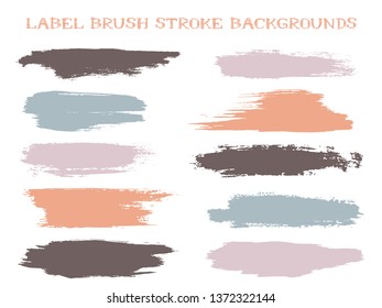 Colored label brush stroke backgrounds, paint or ink smudges vector for tags and stamps design. Painted label backgrounds patch. Interior colors scheme samples. Ink dabs, brown pink blue splashes.