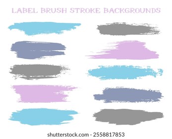 Colored label brush stroke backgrounds, paint or ink smudges vector for tags and stamps design. Painted label backgrounds patch. Vector ink color palette swatches. Ink dabs, blue violet grey splashes.