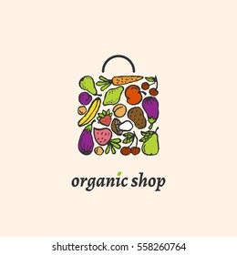 Colored label with fruit and vegetables. Vector illustration.