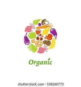 Colored label with shapes of fruit and vegetables. Vector illustration.