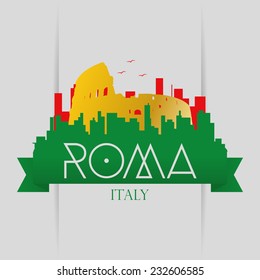 a colored label with the silhouette of the coliseum of rome