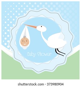 Colored label with a stork on a textured background for baby showers