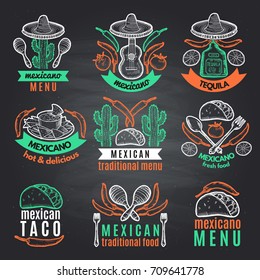 Colored labels of mexican symbols on black chalkboard. Traditional mexican restaurant menu emblems