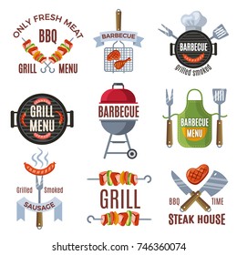 Colored labels set for bbq party. Grilled food barbecue steak, bbq menu sign, vector illustration