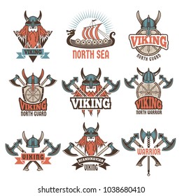 Colored labels set with medieval barbarian warriors. Emblems colored with medieval military viking for sport team, vector illustration