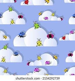 Colored ladybugs. Ladybird. Cloud pattern. Ladybugs on blue sky background. Cute ladybugs